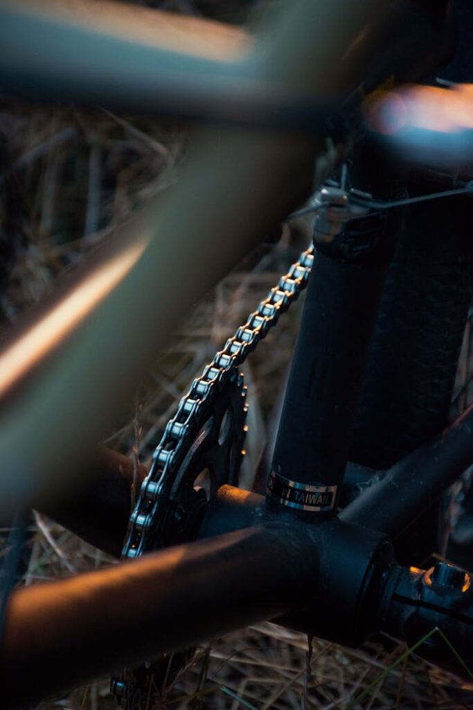 pexels-photo-4979787 Close-up view of a bicycle chain detail in an outdoor setting with warm lighting.